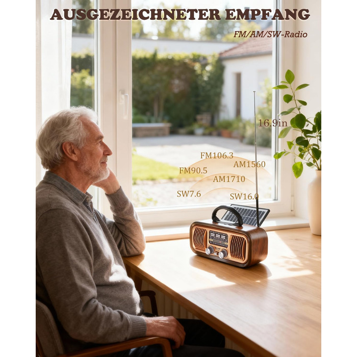 Ретро Радіо Klein з Bluetooth, AM/FM/SW радіо, портативне, з сонячною панеллю, USB/TF картка, 1200mAh, подвійний динамік