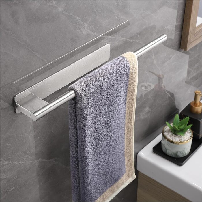 Тримач для рушників без свердління, на клейкій основі, 28 см, нержавіюча сталь, сріблястий, для ванної кімнати та кухні