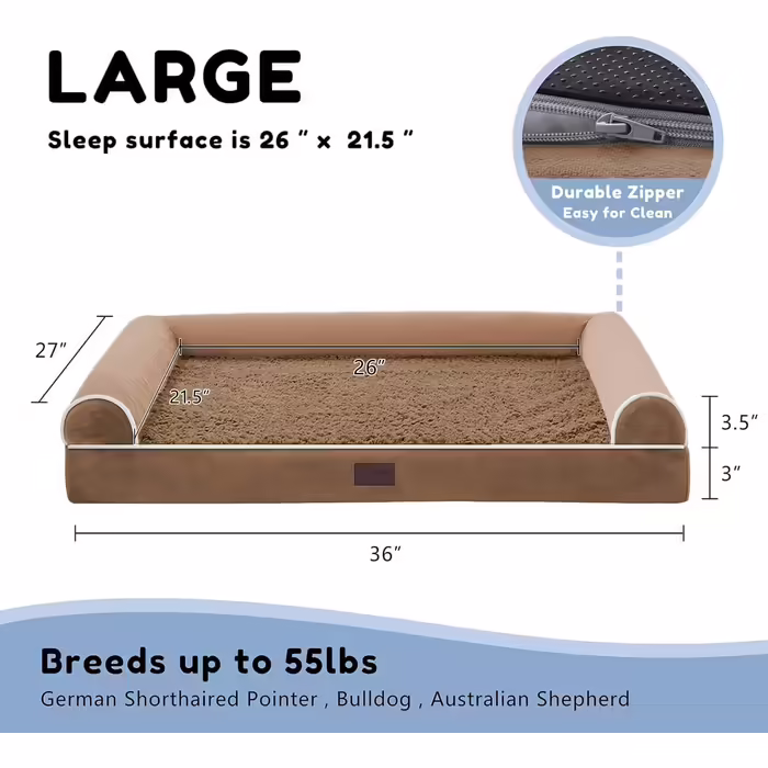 WESTERN HOME Dog Bed, Dog Basket, Large Dogs, Orthopedic Dog Bed, Dog Sofa, Waterproof 106x76x10cm, Dog Beds with Washable Cover, Dog Basket, Large Dogs (L 91 x W 68 x H 17 cm, Brown)