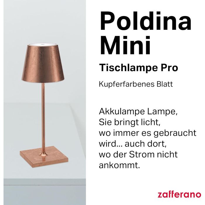 Зуффарано Poldina Pro Mini – Бездротова LED-лампа для дому та саду, торшер, сенсорне керування, регулювання яскравості, 30 см, колір мідь