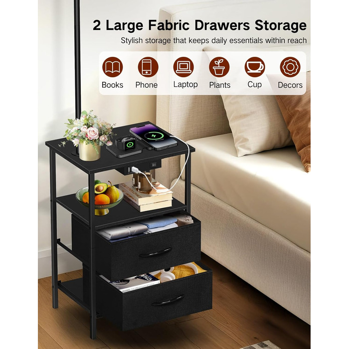 Стельова лампа для вітальні з тумбою та полицею, регульована LED, з пультом, 3 колірні температури, приліжкова тумба з зарядкою та полицею, дерев'яний столик для спальні/офісу (чорний з шухлядами)