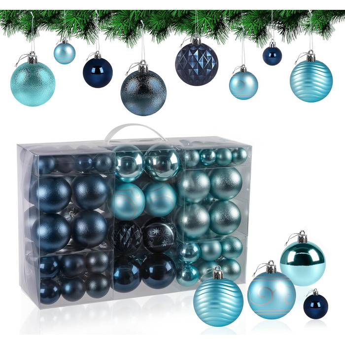 Набір прикрас для ялинки Agoer 100 шт. - блакитні кульки для ялинки з блискітками, пластикові, для декору ялинки на Новий Рік та Різдво