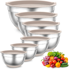 TEAMFAR Mixing Bowl Set, 7-Piece Stainless Steel Bowls Salad Bowls with Airtight Lids and Silicone Bottom, 0.7L/1.2L/1.5L/2.5L/2.8L/3.5L/6.5L, Khaki
