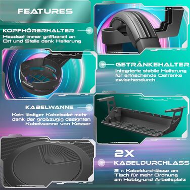 Ігровий стіл KESSER Gaming Z-подібний, 160x60 см, з карбоновим покриттям, підставкою для напоїв та гачком для навушників, чорний