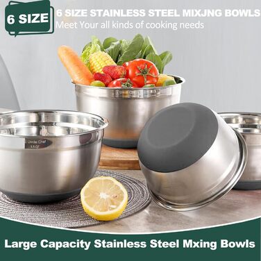 Mixing bowls with airtight lids, set of 6, stainless steel, stackable metal storage bowls, non-slip bottom, sizes 7, 3.5, and 1 QT, ideal for mixing and serving (gray)