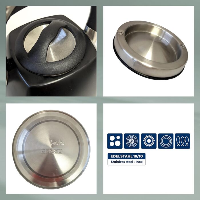 Ке́ла чайник індукційний 2.4л, з свистком, нержавіюча сталь, для всіх типів плит, з безпечним відкриванням кришки кнопкою, VITUS, чорний матовий