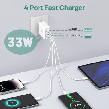 Блок зарядного пристрою USB C 40W з 4 портами, швидка зарядка PD+QC, для iPhone, Samsung, Tablet, білий (сірий)