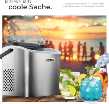 Машина для приготування льоду tectake® - приготування 9 кубиків за 6 хвилин, 12 кг за 24 години, об'єм 1,2 л, 2 розміри кубиків, самоочищення, з лопаткою для льоду, срібна