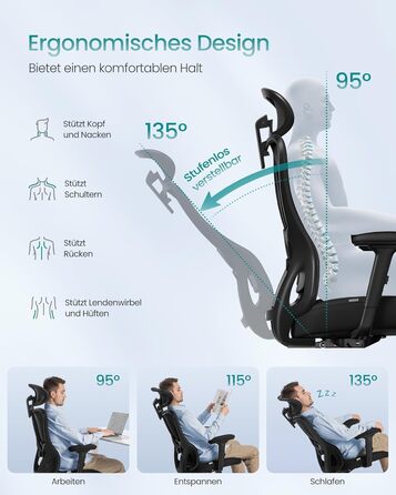 Офісний стілець SONGMICS ергономічний, комп'ютерний стілець, регульована поперекова та підголовна підтримка, до 150 кг, регульована висота, чорний OBN066BH01