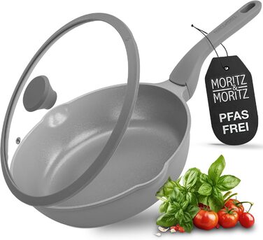 Сковорода Moritz & Moritz 26 см з кришкою, антипригарне покриття, Soft-Touch ручка, для смаження, тушкування, варіння на пару, підходить для всіх типів плит (сіра)