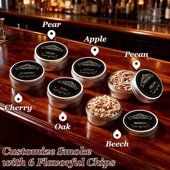 Електричний набір для приготування коктейлів з копченням, 6 смаків, дерев'яні тріски, ретро-сито для напоїв. Подарунок на ювілей, день народження, Різдво для чоловіків, батька.