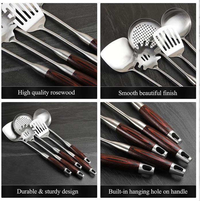 Набір кухонного приладдя з нержавіючої сталі, 5 предметів: лопатка, половник, шумовка, серветка для пасти та шумовка, придатний для миття в посудомийній машині