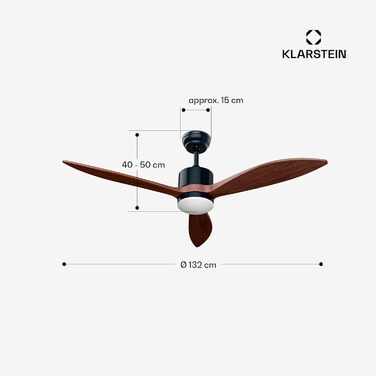Стельовий вентилятор Klarstein SkyBreeze з підсвічуванням та дистанційним керуванням, для вулиці (IP44), 6 швидкостей, димування, 132 см, колір горіх, Smart