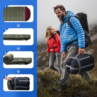 Сплячий мішок Keencamp Flanell Warmer для кемпінгу, 3-4 сезони, бавовняна підкладка, до -1°C, XXL, 230x90 см (зелений, Zip)