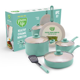 Набір кухонного посуду GreenLife Soft Grip 8 предметів, керамічне антипригарне покриття, турецький колір, для приготування, тушкування, соусів, з кришками, безпечний для здоров'я, можна мити в посудомийній машині
