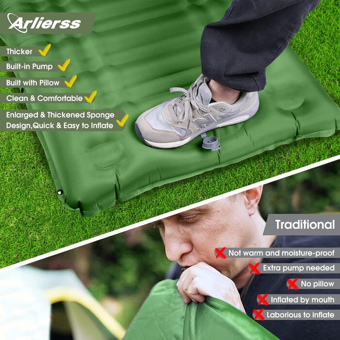 Надувний матрац Isomatte 12 см для кемпінгу з насосом та подушкою, зелений. Анти-розривний, портативний, для туризму, подорожей, пляжу