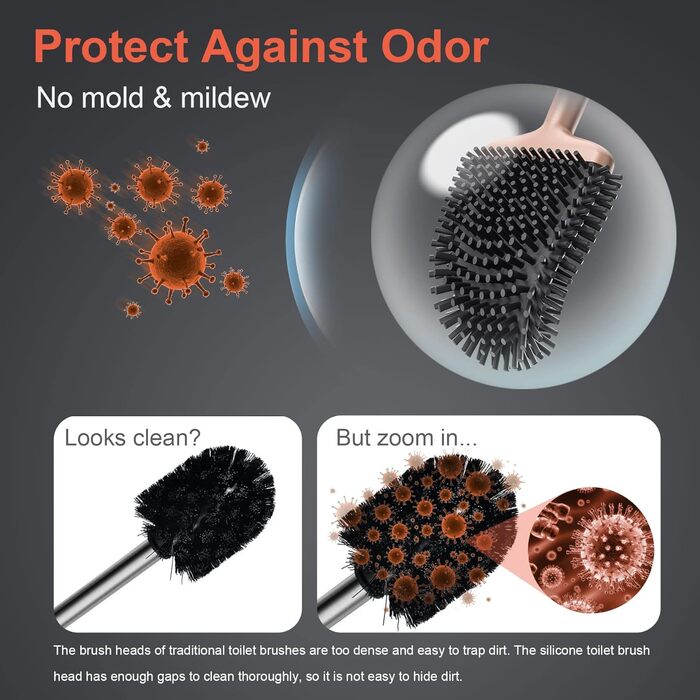 Набір для чищення унітазу Waretary з силіконовою щіткою та підставкою з нержавіючої сталі, гнучкий наконечник для глибокого очищення, швидковисихаючий, для кріплення на стіні та встановлення на підлогу, золотий