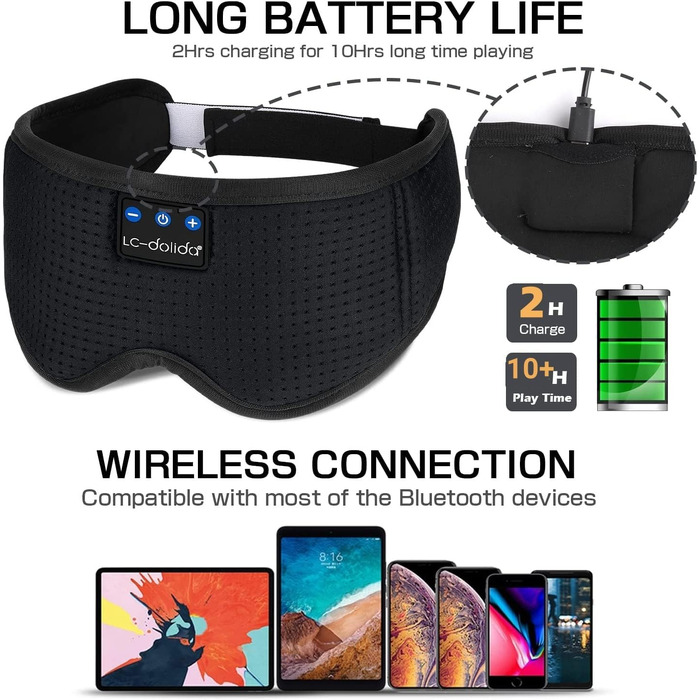 Маска для сну Dolida з Bluetooth навушниками V5.4, бавовняна, з мікрофоном, для подорожей, йоги, медитації (чорна)