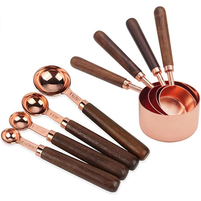 FBHappiness 8-Piece/Charge Stainless Steel Measuring Spoon Set with Walnut Wood Handle, Copper Measuring Cup Set for Baking and Cooking (Color: A, Size A