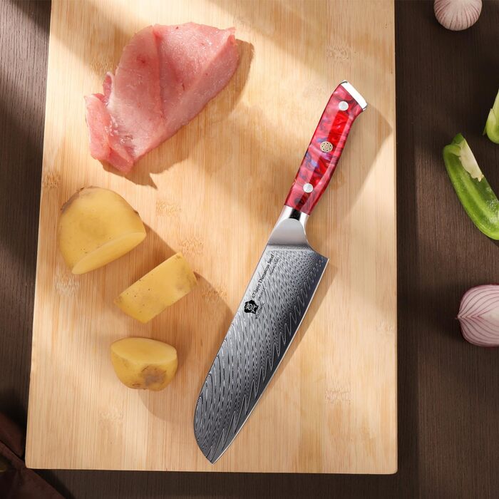 Ніж кухонний WILDMOK Santoku 17 см, професійний японський ніж з дамаської сталі VG10, червона рукоятка