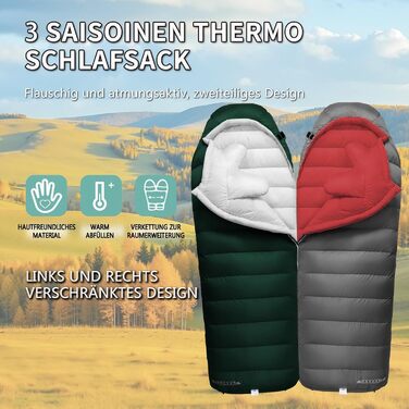 Спальний мішок для дорослих з пухом, 680FP, Outdoor, зимовий, для кемпінгу, походів та подорожей, з компресійним мішком, -10°C, сірий