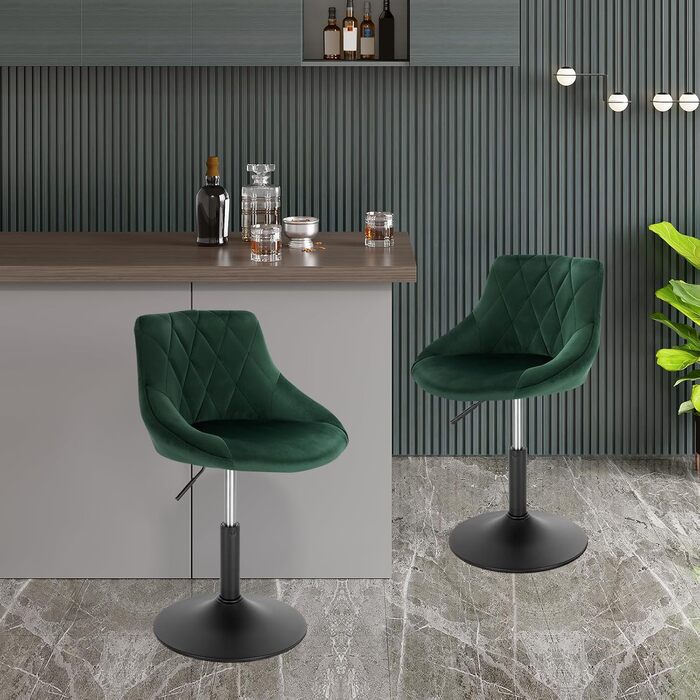 WOLTU Adjustable Velvet Bar Stool with Backrest - Swivel, Dark Green - Set of 2