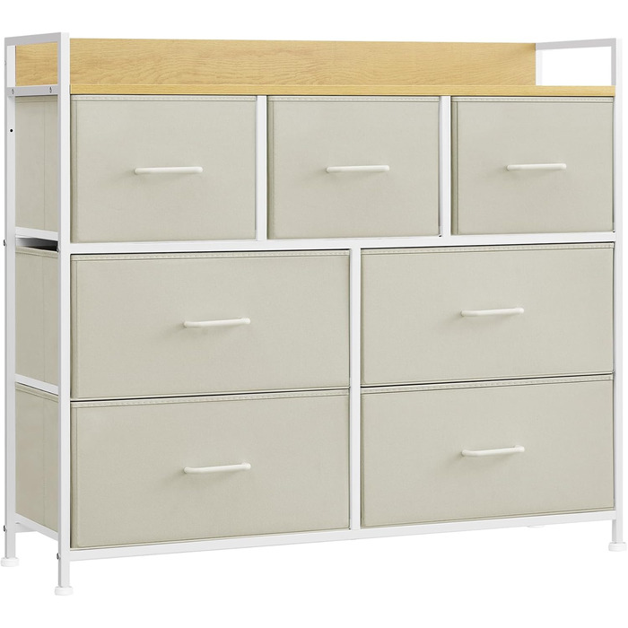SONGMICS Chest of Drawers, Cabinet, 7 Fabric Drawers with Handles, Metal Frame, Industrial Design, Vintage Brown-Ink Black LTS137B01 (Cream White + Cloud White, 28.5W x 98D x 85H cm)
