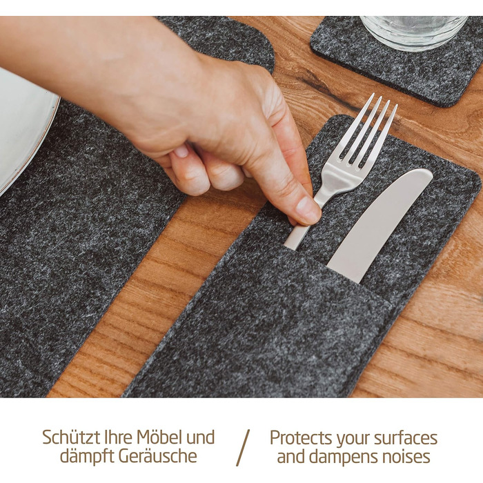 Felt Table Placemats - Set of 24 Table Coasters - Washable Felt Placemats - 8 Placemats, Glass Coasters, Cutlery Pouches | Dark Gray | Square Felt Coasters - Placemats for Christmas