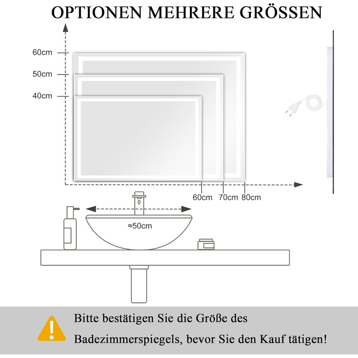 Дзеркало для ванної кімнати з підсвічуванням 40x60 см LED, з вимикачем, холодне біле світло 6000K