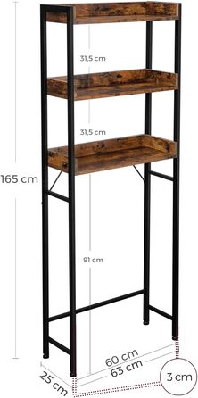 VASAGLE Toilet Shelf, 3 Tiers, Bathroom Shelf, Space-Saving, Easy to Assemble, for Laundry Room, Industrial Style, Rustic Brown and Black, BTS002B01