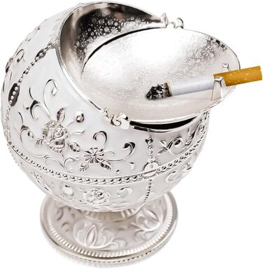 Kepfire Vintage Metal Ashtray with Lid, Globe Style, European Hotel Living Room Office Artwork, Windproof Ashtray, Creative Decor - Silver Rim, Rose Design