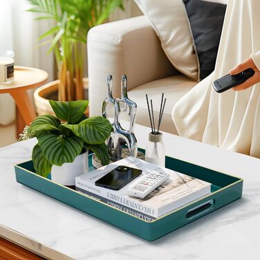 MAONAME Decorative Tray for Coffee Table, Modern Serving Tray with Handles, Rectangular Plastic Tea Tray for Ottoman, Bathroom Decoration, 40 x 25.9 cm (Dark Green)