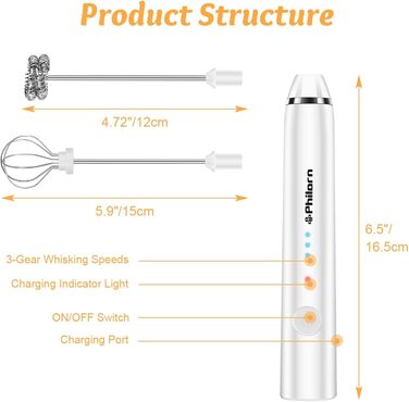 Електричний пінозбивач для молока Philorn: USB-C, 3 швидкості, для кави, лате, капучино, збивання яєць