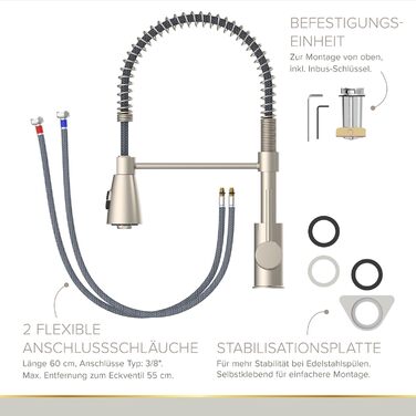 Кухонний змішувач Lenz KALANI² з нікелевим покриттям та висувною лійкою – високий тиск, проста установка, преміум-якість