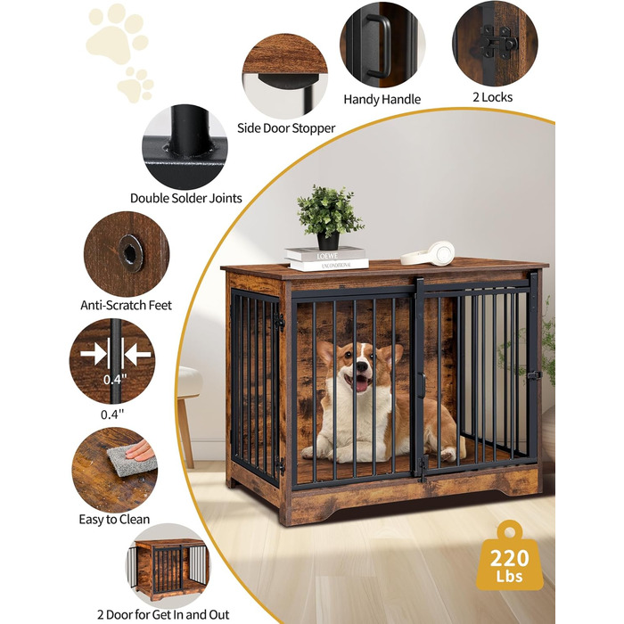 Hzuaneri Modern Wooden Dog Crate Furniture - Indoor Dog Box with Sliding Doors for Small/Medium Dogs - 81cm Height, 55x81x67.5cm, Vintage Brown DFC83601B