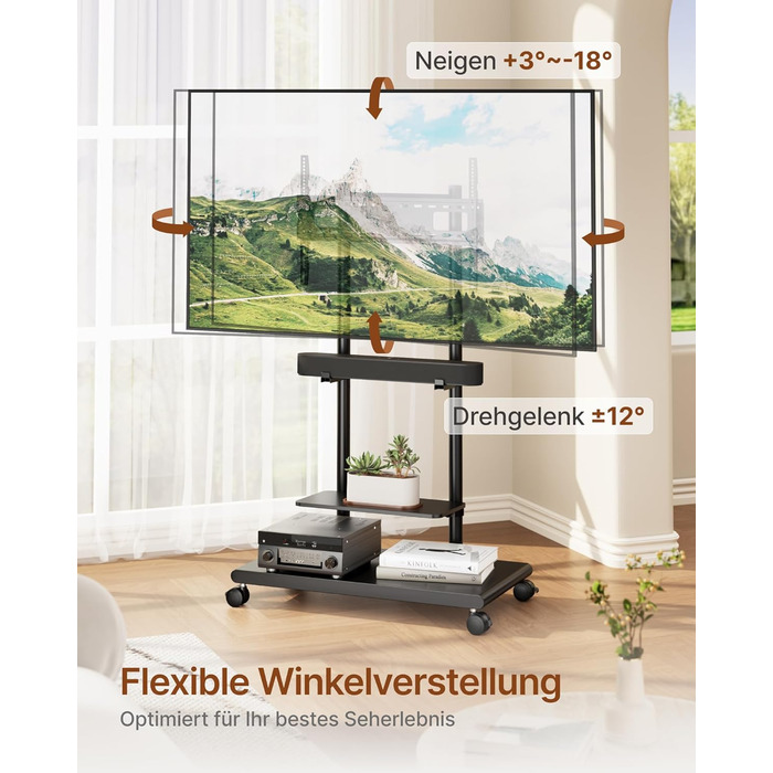 Підставка для телевізора на колесах з кріпленням для саундбару, 50-90 дюймів, до 70 кг, регульована висота та нахил, MAX VESA 600x400 мм