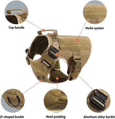 FeimaX Tactical Dog Harness with Handle Military Net Working Tactical Dog Vest Chest Harness for Large Dogs No Pull Adjustable Vest for Walks Training (Brown, S) Brown S