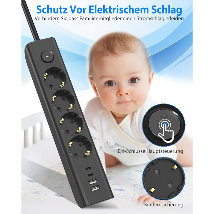 Многофункціональна мережева розетка 8 в 1 з USB, 3680W, з вимикачем, 16A, 2 USB-C, для смартфонів, ноутбуків, iPad, білий/чорний, 1.8м кабель