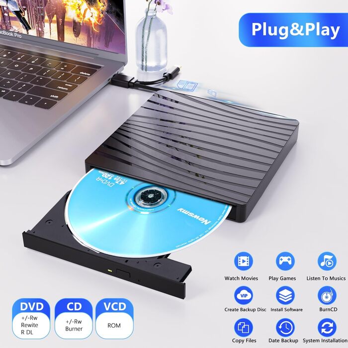 Зовнішній DVD-накопичувач USB 3.0 та Type-C, портативний CD/DVD +/-RW записувач для ноутбука, ПК, MacBook, iMac (Windows, macOS, Linux), чорний