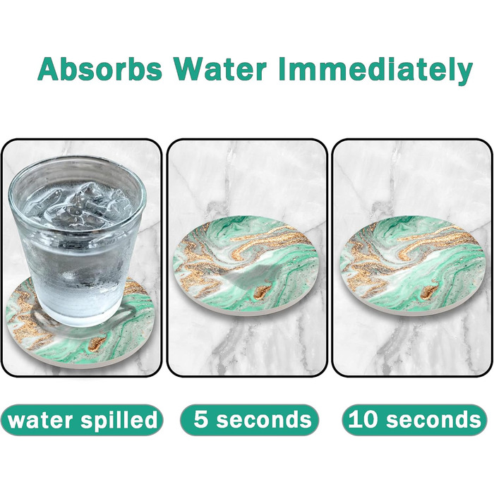 Dooke Coasters for Drinks, round, absorbent ceramic stone coasters with cork base, fun turquoise marble drink coasters