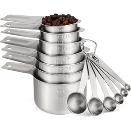 Yellrin Measuring Cups and Spoons Set, Stainless Steel Measuring Cups and Spoons, 13-Piece Set, including 7 Stainless Steel Measuring Cups, 6 Measuring Spoons for Dry and Liquid Ingredients