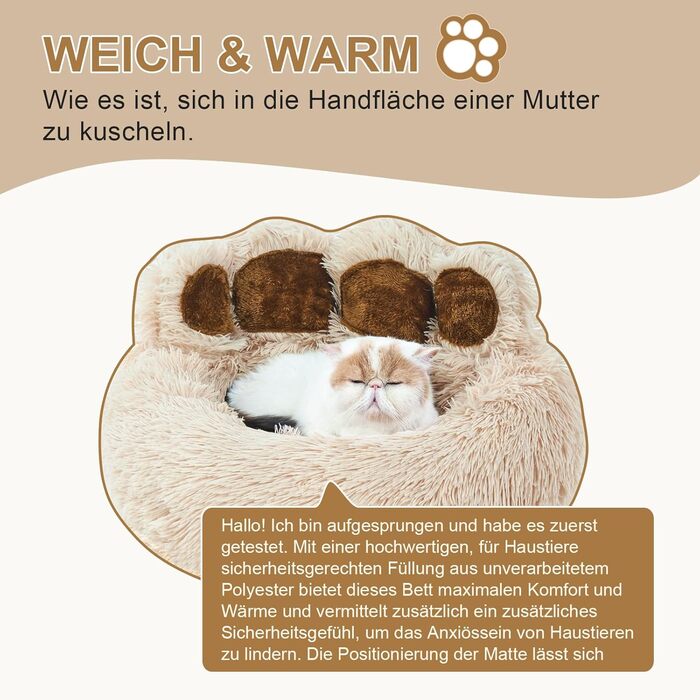 Jiupety Pet Round Dog Bed in Paw Shape, Soothing Donut Dog Bed, Faux Fur Cat Bed, medium size. The diameter is 56cm, comfortable and soft, machine washable (L 56 cm x W 56 cm x H 15 cm, Camel)