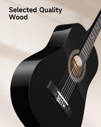 Акустична гітара Moukey для початківців, дітей, підлітків та дорослих, 38 дюймів, чорна, комплект з аксесуарами