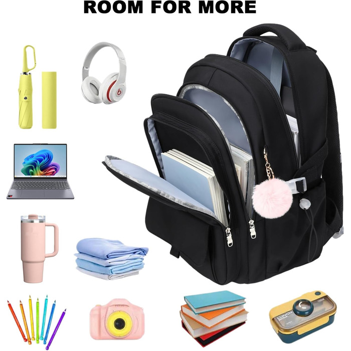 Шкільний рюкзак для підлітків, дівчаток, 3-в-1: рюкзак, ланчбокс, пенал (чорний)