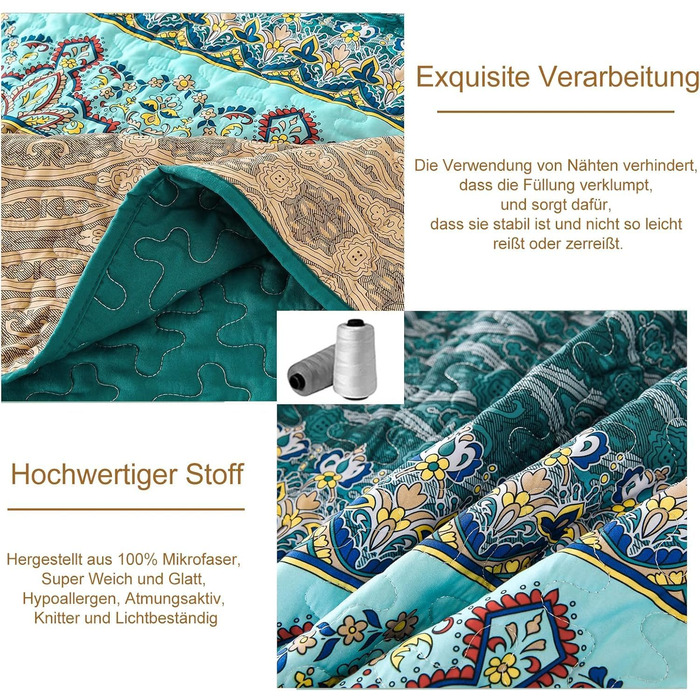 WONGS BEDDING Bedspread 220x240 Bed Cover Bohemian Quilt Steppdecke 3-Piece Double Bed Quilted Bedspread Microfiber Throw Blanket with 2 Pillowcases 50x70 for Bedroom as Sofa Cover (Bohemian) (200x220 cm, Brown Green)