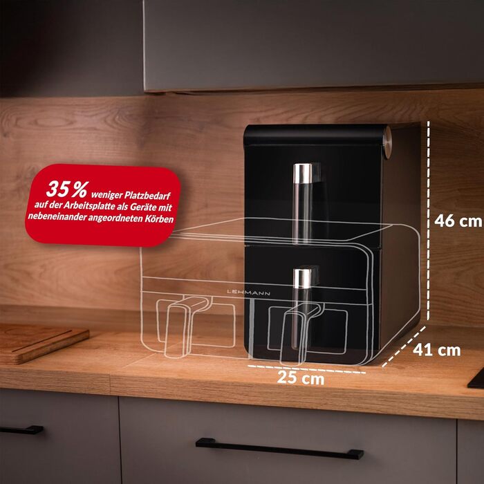 Фритюрниця без олії LEHMANN з 2 камерами, 2400 Вт, AirFryer XXL з 12 програмами, до 200°C, WiFi, 11л – для смаження, випікання, сушіння, грилю