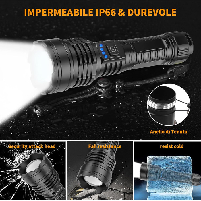 Повторно заряджувана ліхтарик 500000 люменів, надпотужний LED ліхтарик з акумулятором та USB-кабелем, тактичний ліхтарик, 5 режимів для кемпінгу, надзвичайних ситуацій та читання