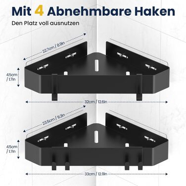 Поличка для душу без свердління, кутова, з металу, 2 шт. Двоярусний кутовий органайзер для душу з 4 гачками, чорний набір