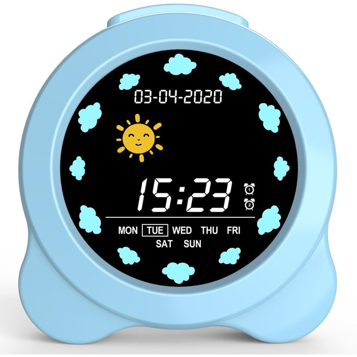 SENXINGYAN Kids Alarm Clock, Alarm Clock for Children with Sun & Moon LED Display, Day & Date Display, Sleep Trainer for Kids with Night Light & Sleep Sounds, Cute Alarm Clock for Kids Room