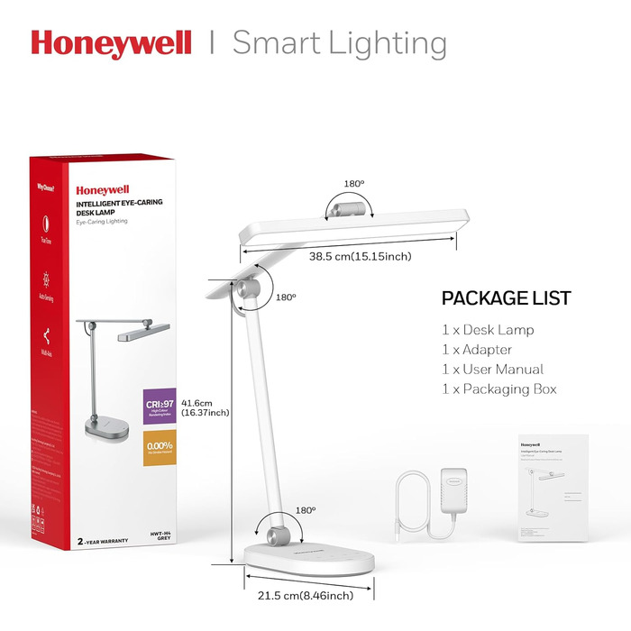 Настільна LED лампа Honeywell H4 Sunturalux – офісна лампа з диммером, 3 режими світла, 5 рівнів яскравості, таймер, сенсорне управління, сірий